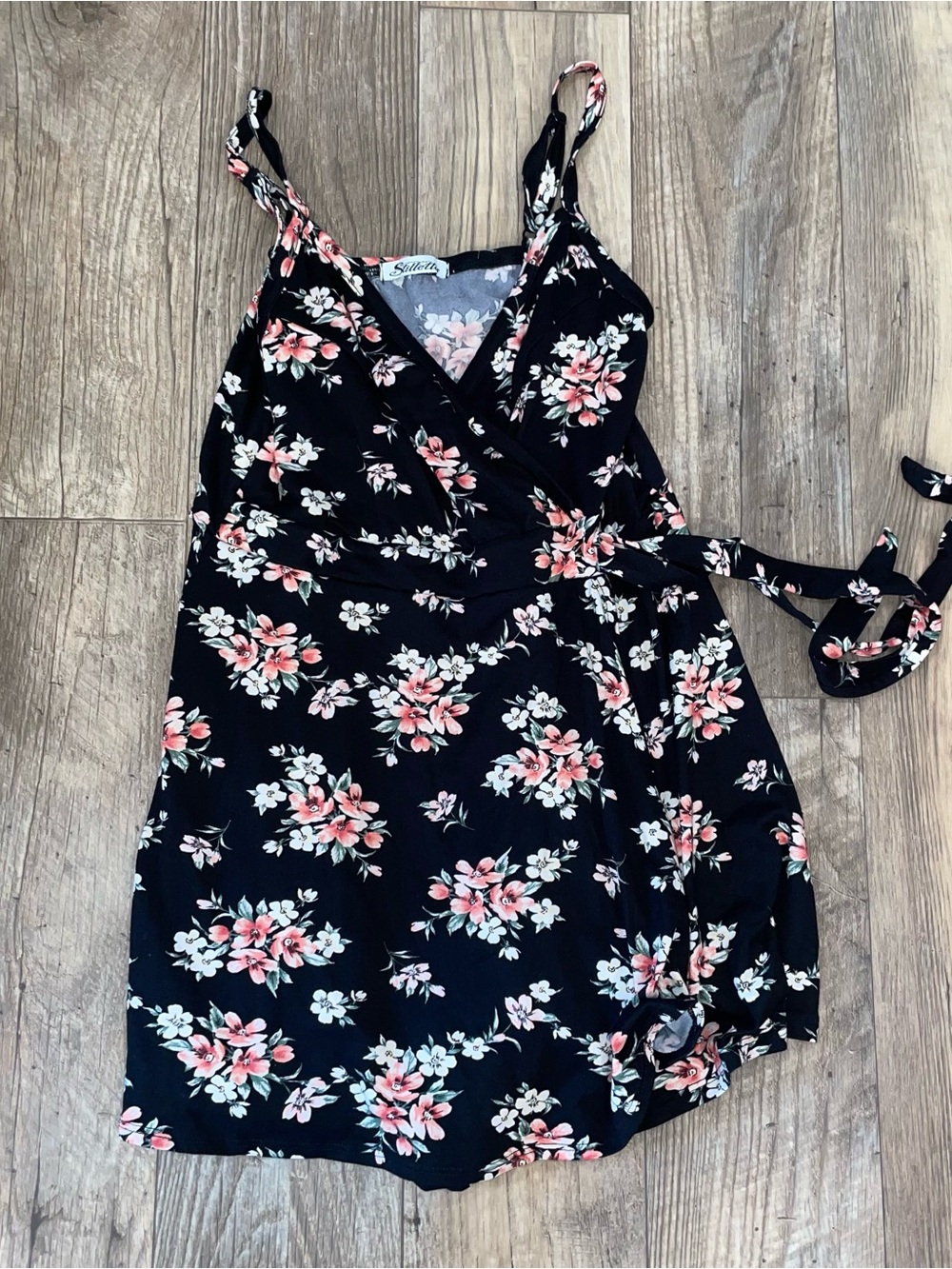 Stitch's Black Floral Wrap Romper with Pink & White Blossoms